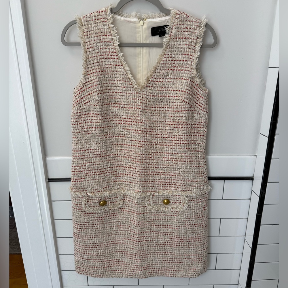 J. Crew Cream Tweed V-Neck Shift Dress with Red, Gold & Black Accents